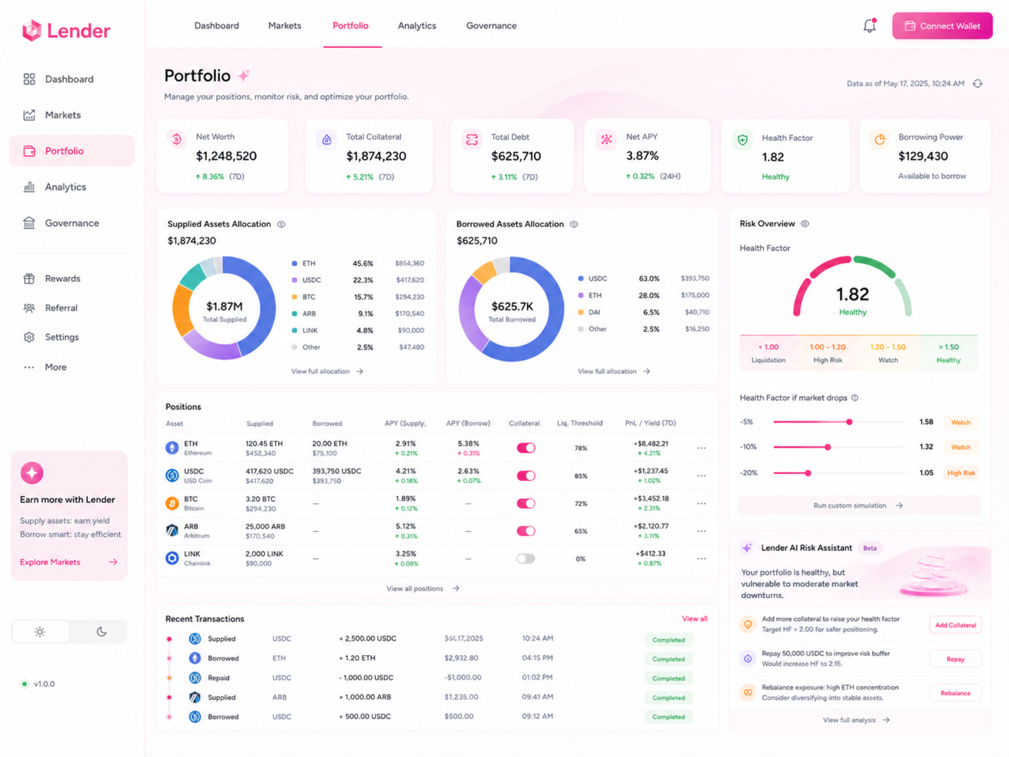 Portfolio view with allocations, health factor and AI risk assistant.