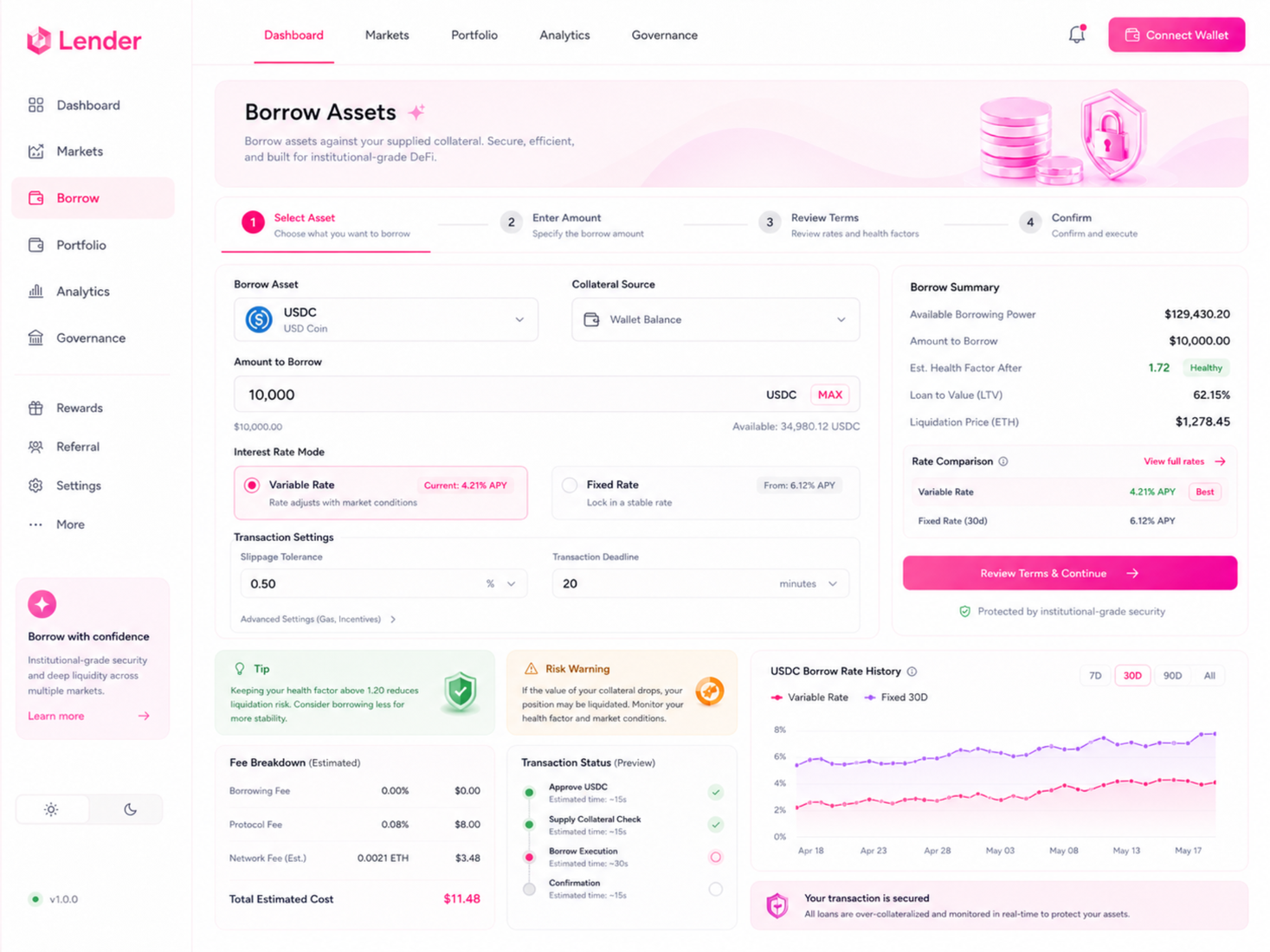 Borrow workflow with rate comparison and transaction status.
