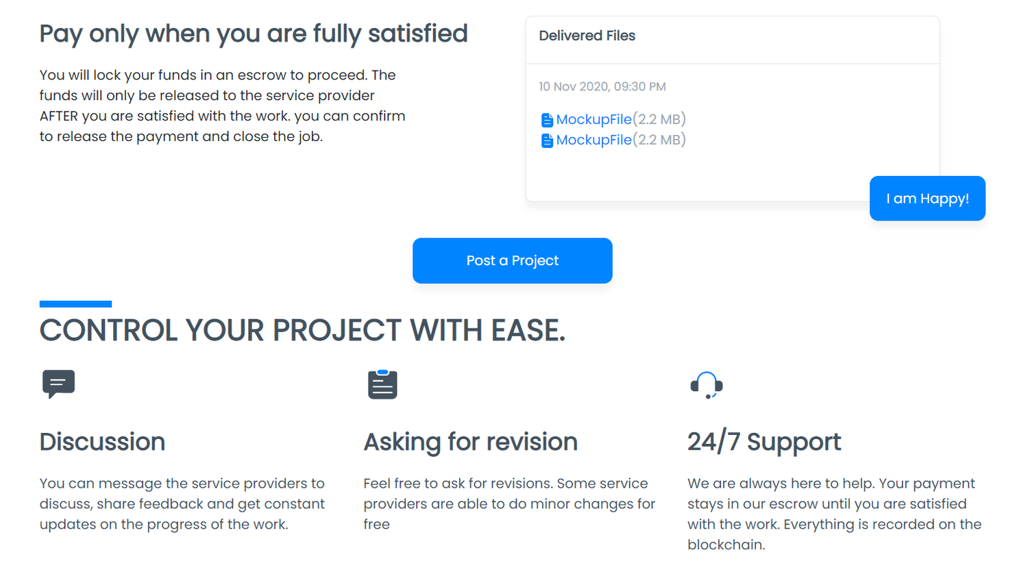 Marketplace landing section and request workflow.