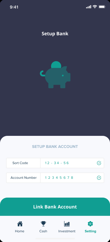 Bank account setup screen.
