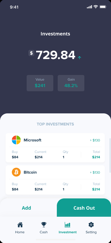 Investment dashboard with portfolio value and top holdings.